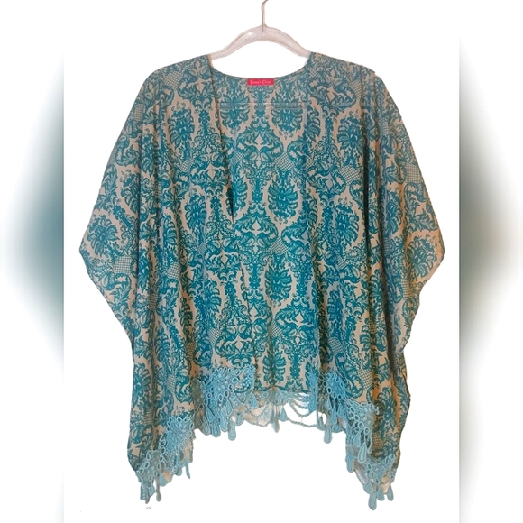 Emma's Closet Shawl Kimono Wrap teal tan print intricate chandelier fringe - Picture 4 of 13